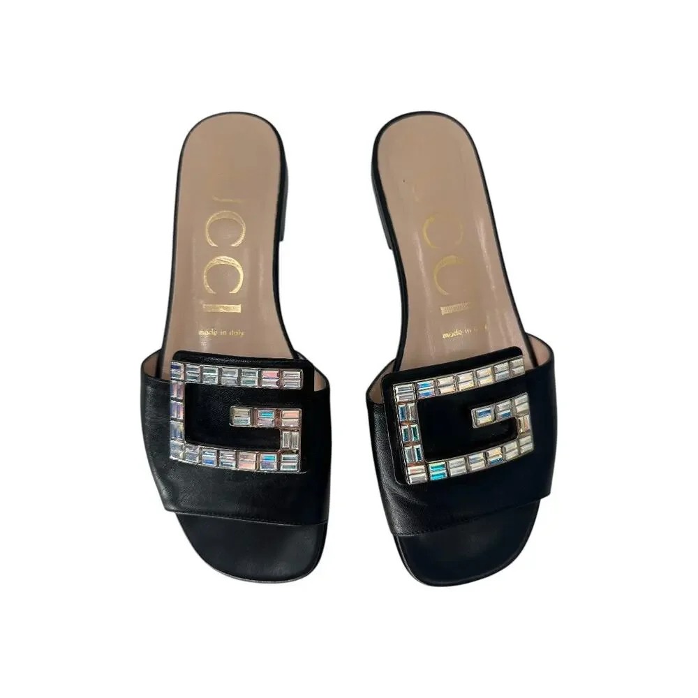 Gucci Leather Madelyn Crystal G Logo Slide Flats Sandals Black Size 36.5
